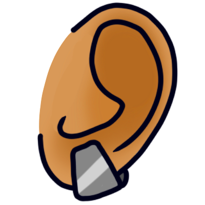 A round yellow ear with a silver cuff-type earring.